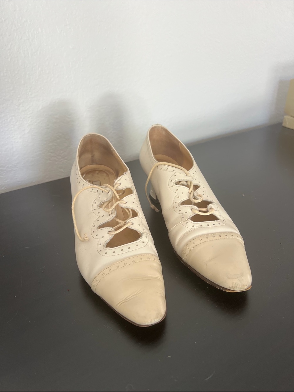Ann Taylor Cream Lace-Up Pointed Toe Heels